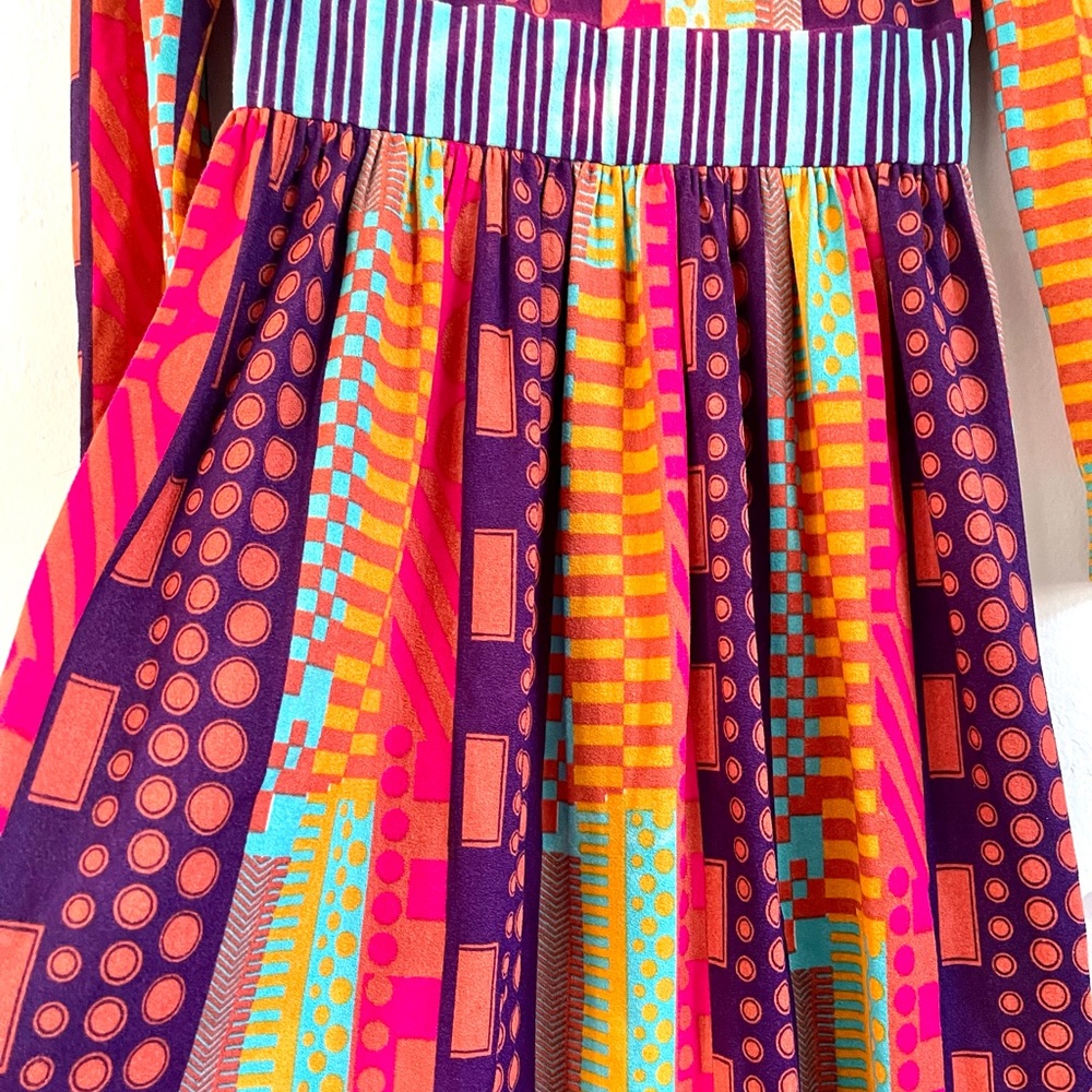 Vintage Colorful Retro Neon Geo Abstract 70s Maxi Gown Jersey Knit Dress - Picture 3 of 13